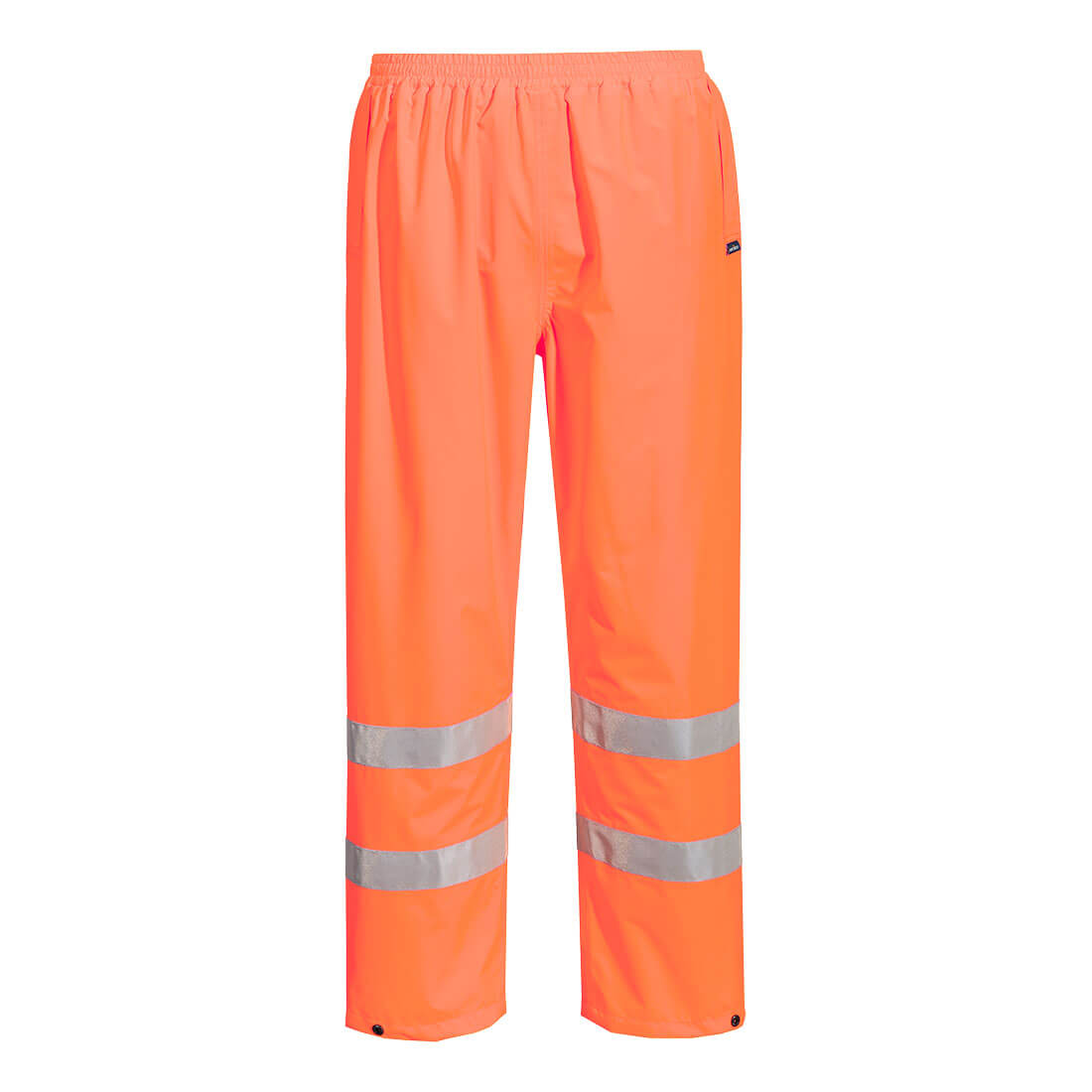Hi-Vis lightweight packable trousers in bright orange with reflective stripes. Elasticated waistband for comfort. Hi-Vis Lightweight Packable Trousers - Image 1
