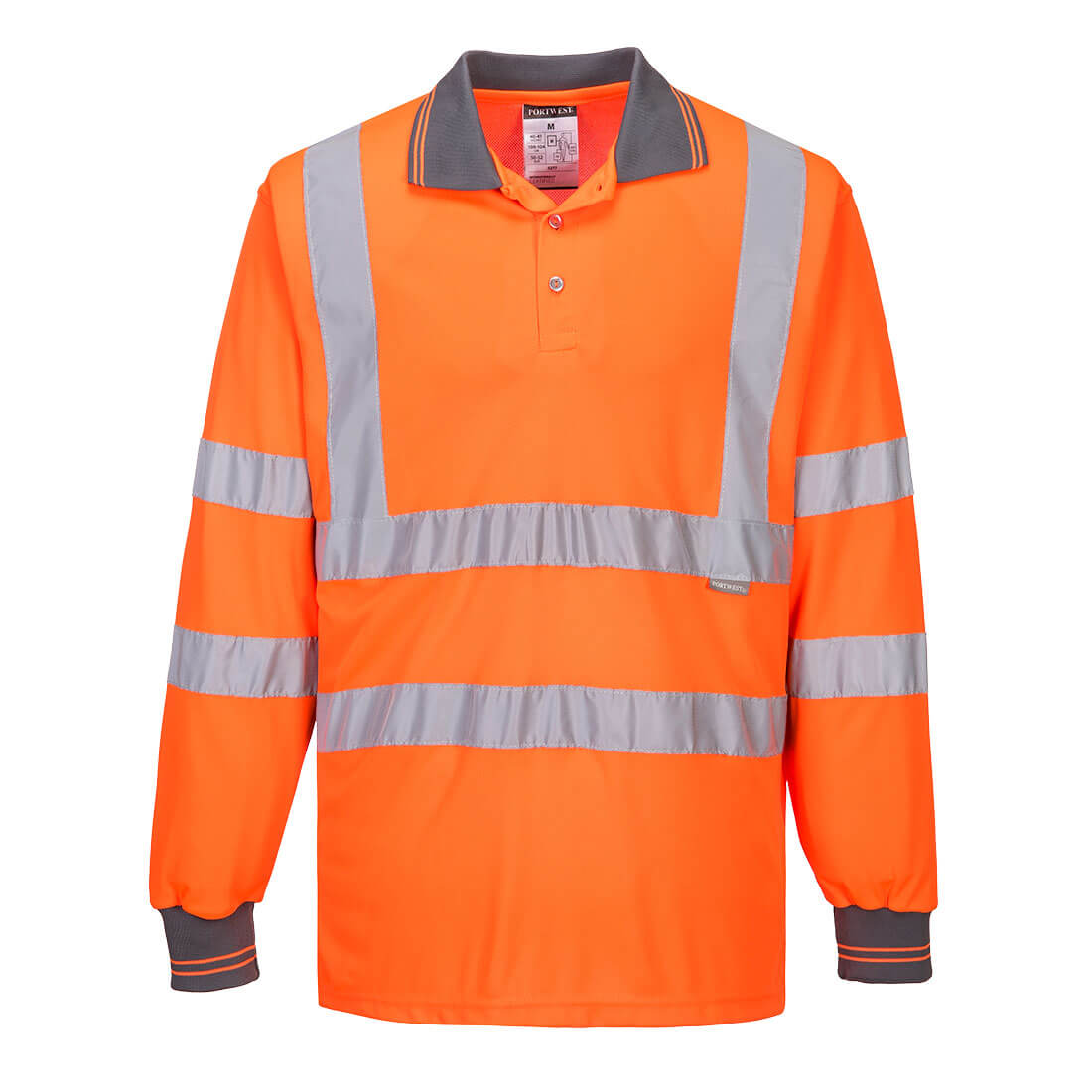 A long-sleeve high-visibility polo shirt in bright orange with reflective stripes and a collar, featuring a logo. Hi-Vis Polo Shirt L/S - Image 1