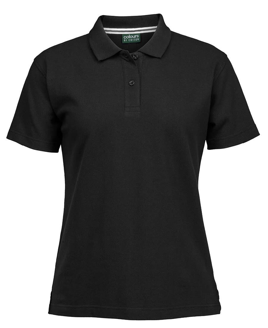 A black ladies' pique polo shirt featuring a collar and button placket, with branding on the label. C of C Ladies Pique Polo - Image 1