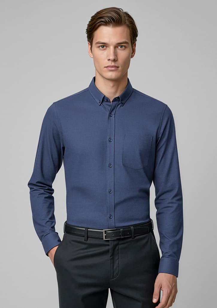 A men's long sleeve button-up shirt in navy blue with a front pocket and a collar. It features a logo. Mens Soul Long Sleeve Shirt - Image 1