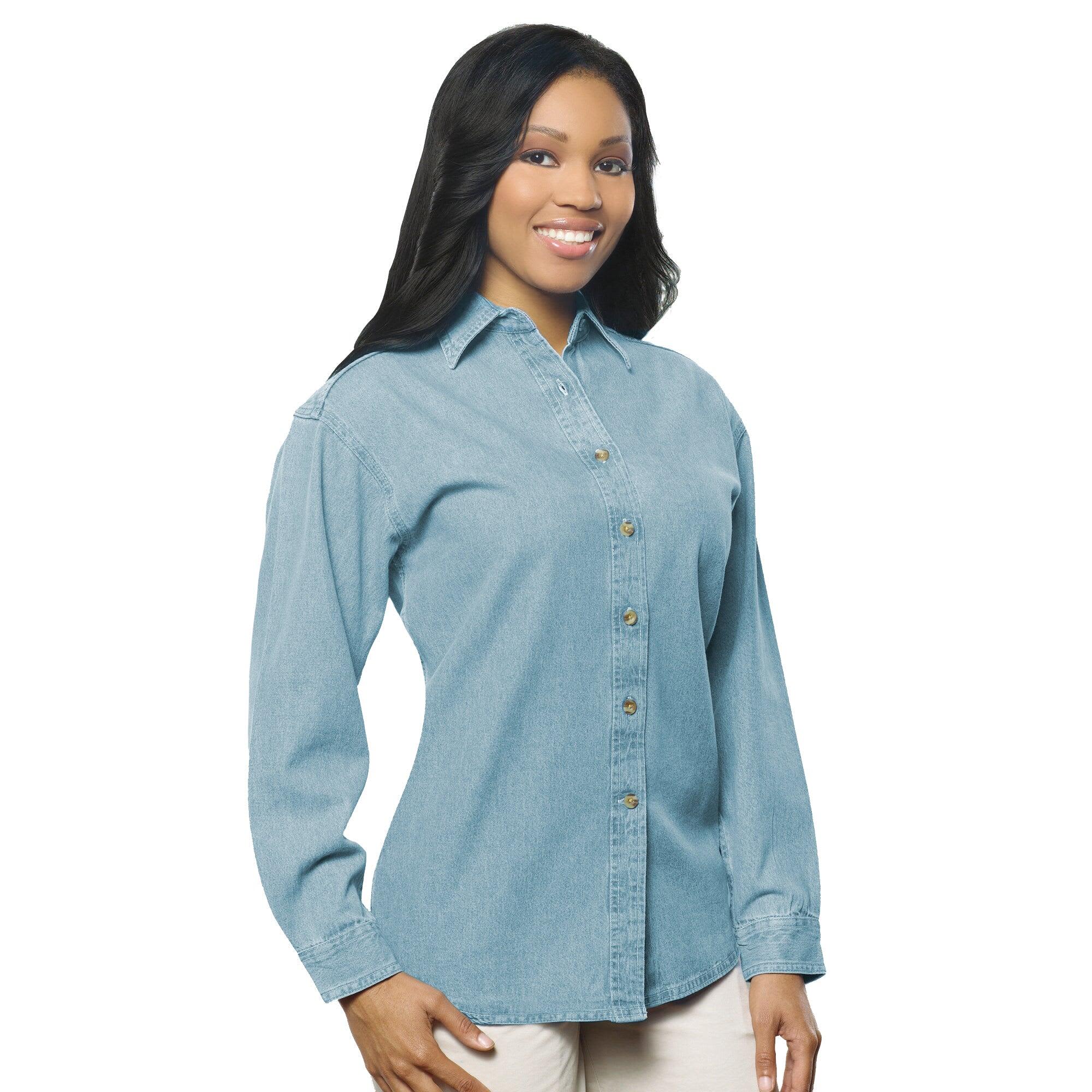 A long sleeve cotton denim shirt in light blue, featuring a button-up front and a logo on the chest. Long Sleeve Cotton Denim Shirt - Image 1