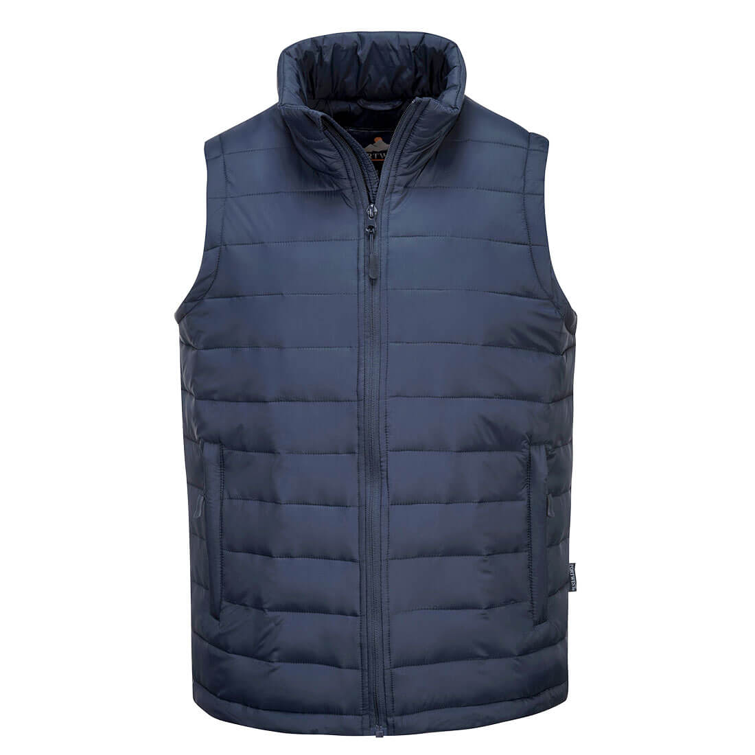 A navy blue padded gilet featuring a zip front and high collar, with two side pockets and a logo. Baffle Gilet - Image 1