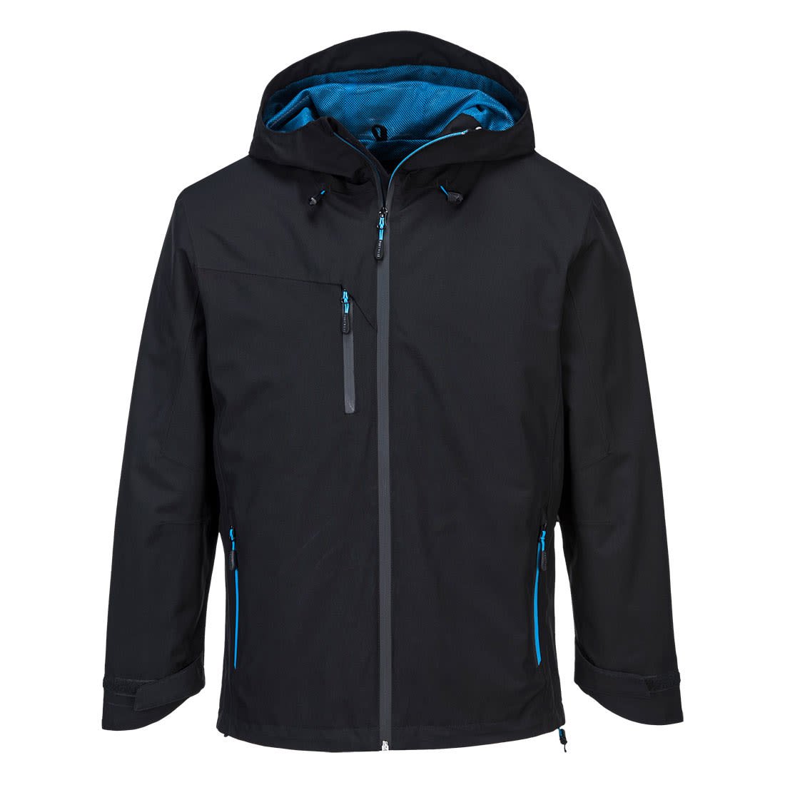 A black soft shell jacket with a blue interior, featuring a hood and zippered pockets. It has a logo on the front. KX3 Rain Jacket - Image 1