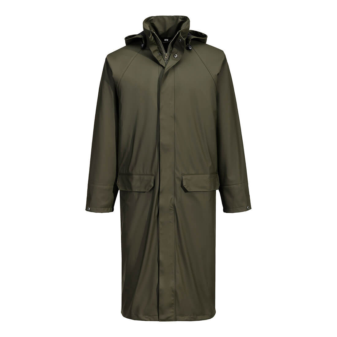 A long coat in olive green with a hood, featuring two front pockets and a buttoned closure. It has a logo on the chest. Flexatex Chem Long Coat - Image 1