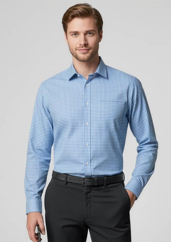 A long sleeve button-up shirt in a blue gingham pattern, featuring a collar and a logo on the chest. Mens Ellison Long Sleeve Shirt - Image 1
