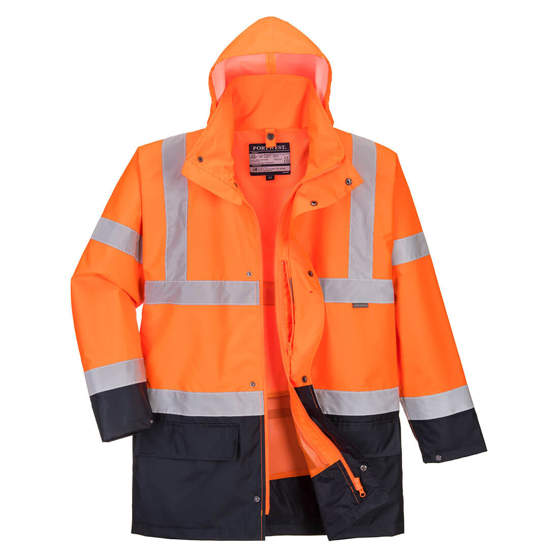 A high-visibility jacket in bright orange with reflective stripes and a black lower section, featuring a hood. Hi-Vis 5-in-1 Contrast Essential Jacket - Image 1
