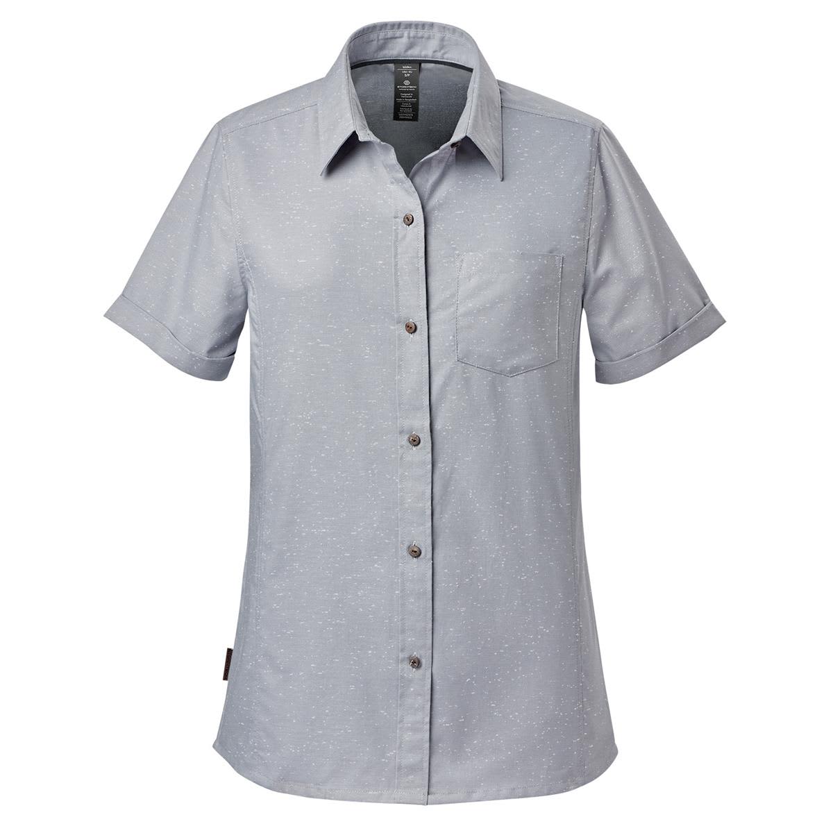 A light blue button-up shirt with short sleeves and a chest pocket, featuring a logo. Women's Skeena S/S Shirt - Image 1