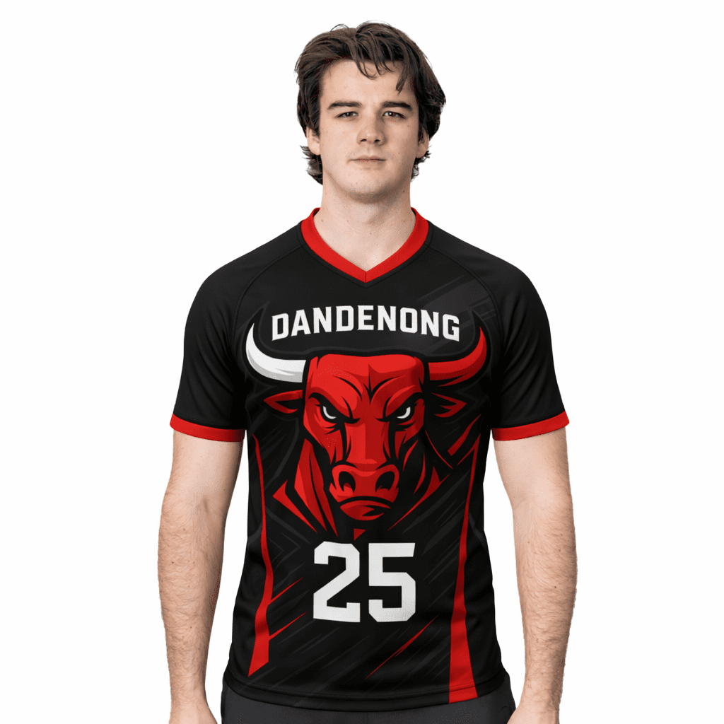 A sublimated rugby jersey featuring a bold red and black design with a bull graphic and a logo. Sublimated Crafted Rugby Jersey - Image 1