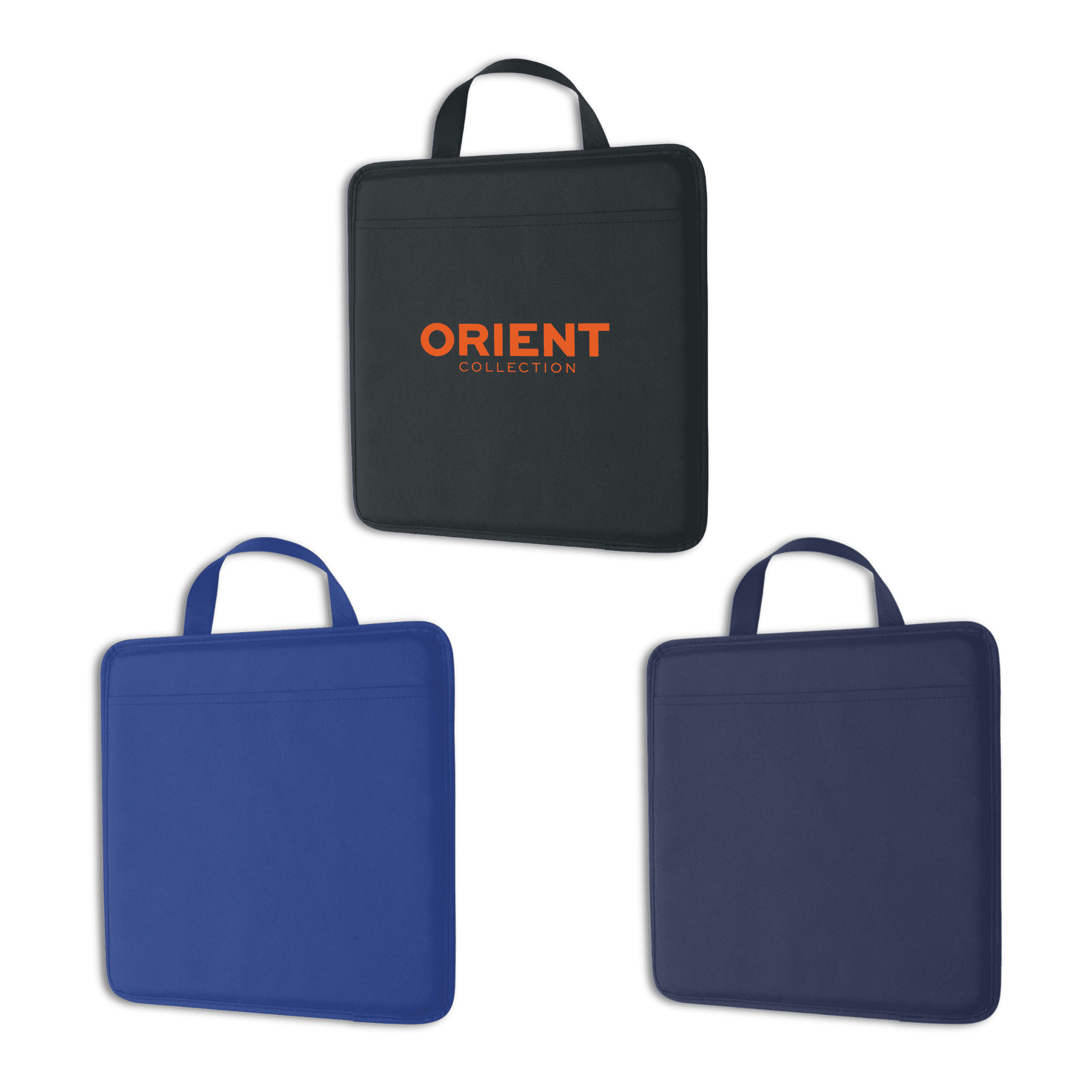 A padded nylon stadium cushion in black, blue, and navy, featuring a handle and a logo on one side. Padded Nylon Stadium Cushion - Image 1