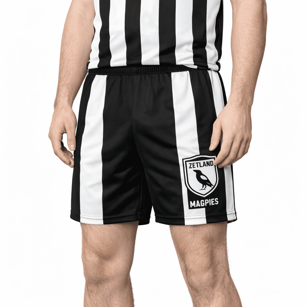 A pair of black and white sports shorts featuring a logo on the side and a striped design. Sublimated Crafted AFL & NRL Shorts - Image 1