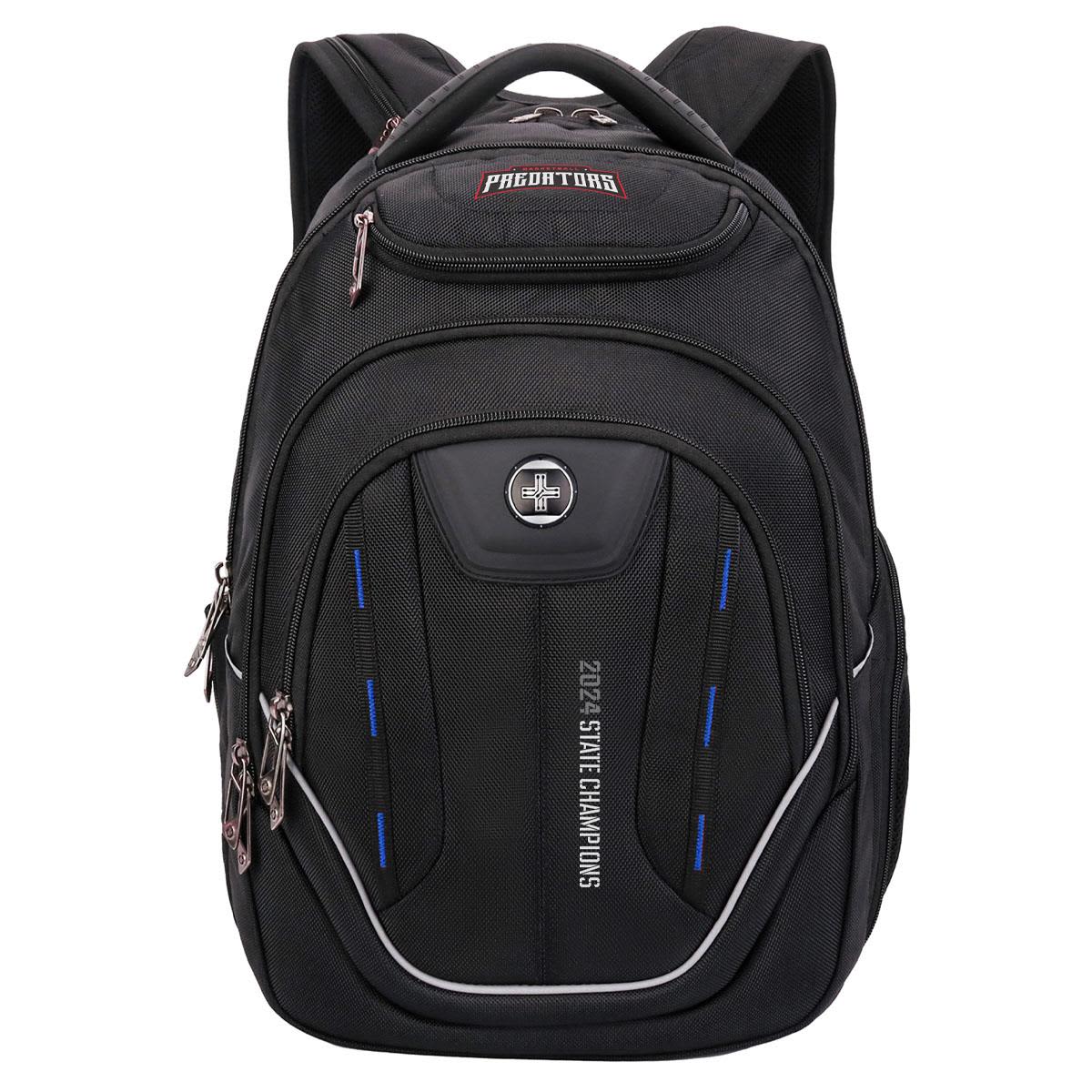 A black backpack with multiple compartments and zippers, featuring a branding logo and blue detailing. Swissdigital Terabyte Backpack - Image 1