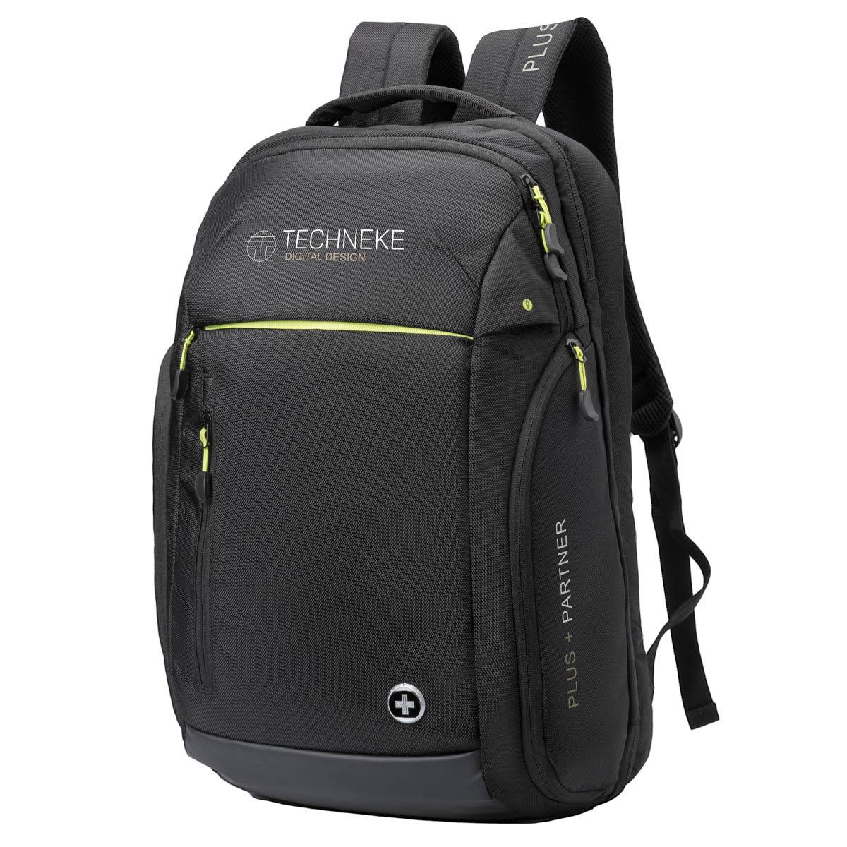 A sleek black backpack with green accents and multiple zippered compartments, featuring a logo on the front. Swissdigital Java Backpack - Image 1