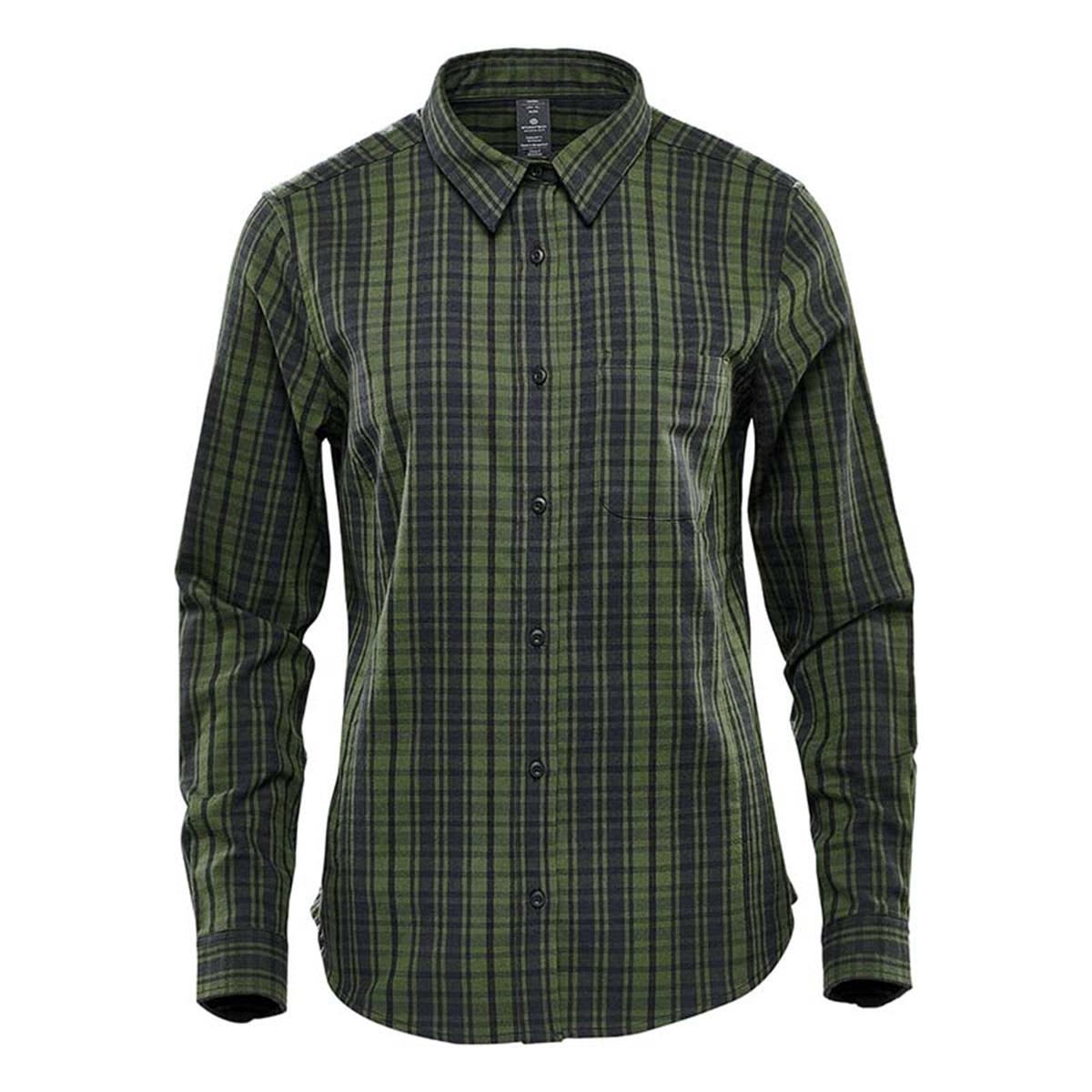 A green and navy checked long sleeve button-up shirt for women, featuring a collar and a single chest pocket. Women's Muirfield Performance Long Sleeve Shirt - Image 1