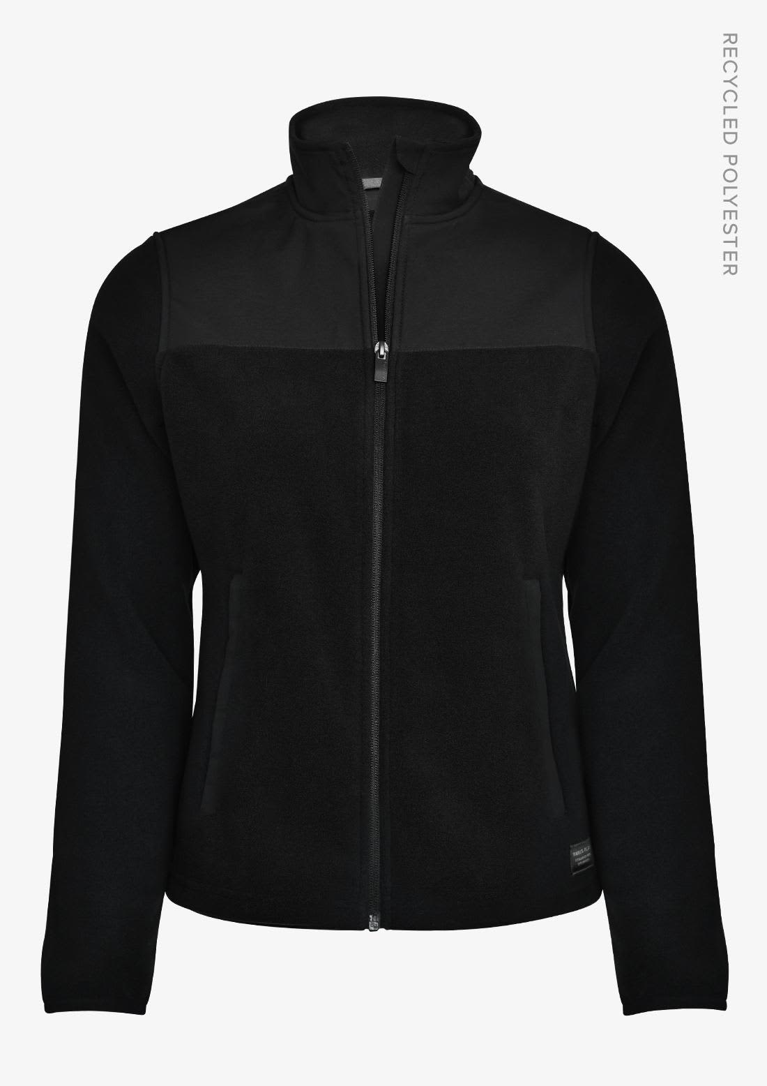 A black women's jacket with a zip front and a contrasting upper panel, featuring a logo. Made from recycled polyester. Sedona Women Jacket - Image 1