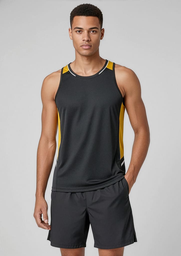 A men's singlet in black with yellow side panels, featuring a logo, styled with matching shorts. Mens Renegade Singlet - Image 1