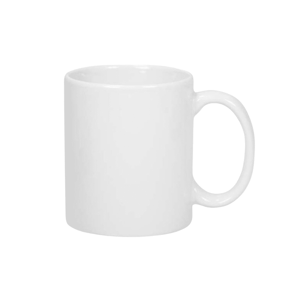 A white coffee mug with a smooth finish and a sturdy handle. It features a blank surface, ideal for custom designs. Jurasic dyesub ceramic mug - Image 1