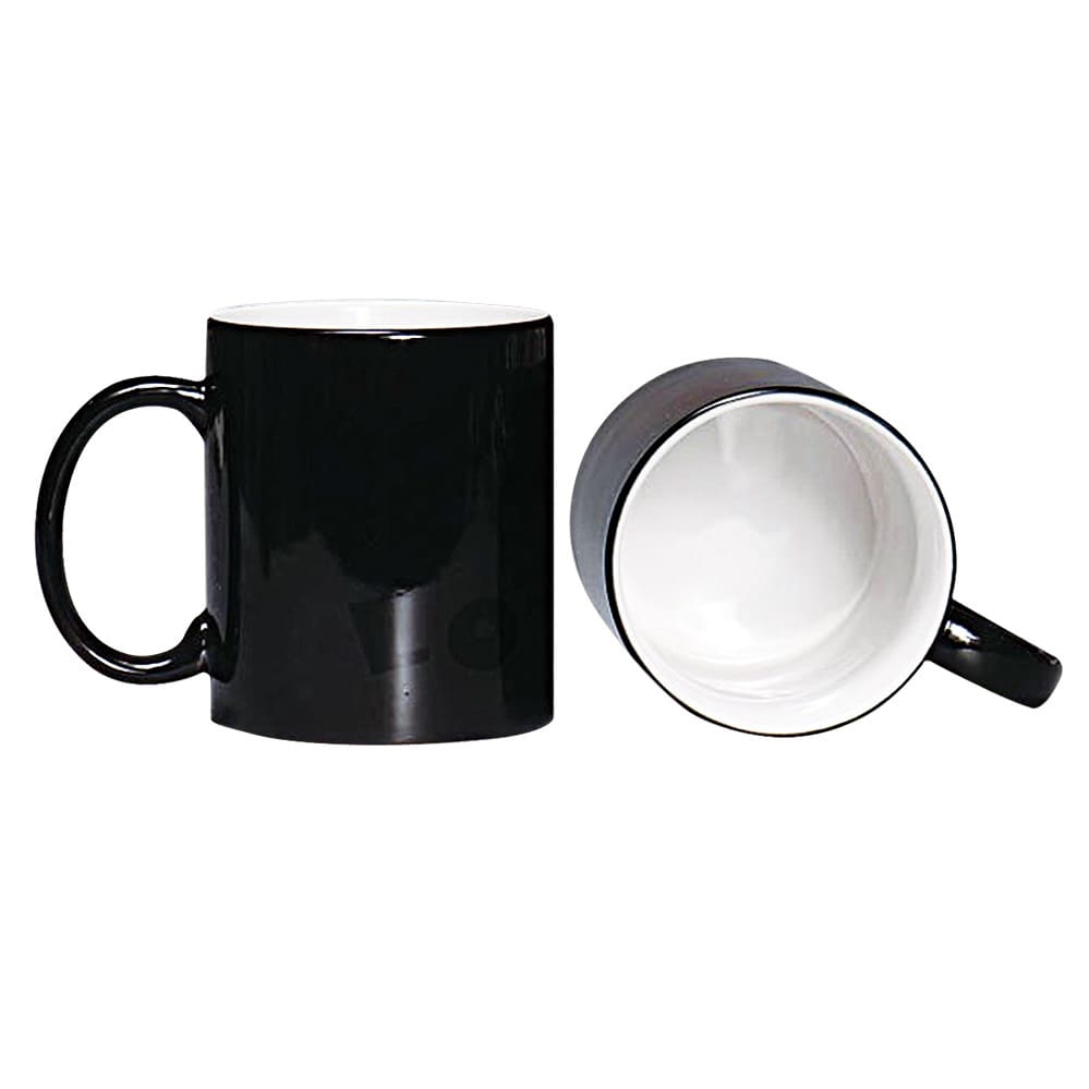 A coffee mug with a glossy black exterior and a white interior, featuring a handle and a simple design. Ozora Mug dyesub heat sensitive ceramic mug - Image 1