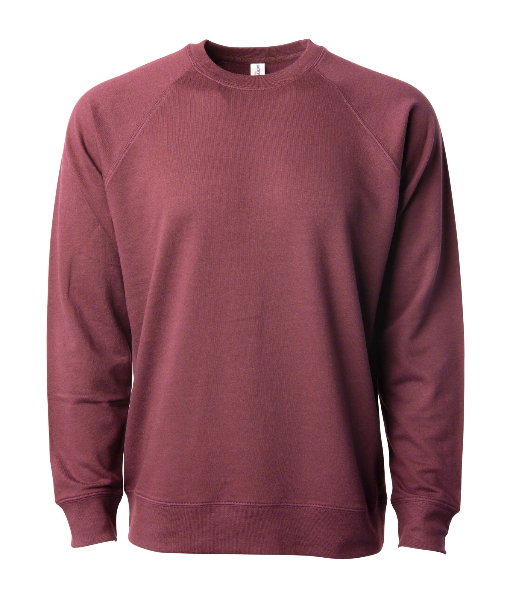 A maroon unisex lightweight loopback terry crew sweatshirt featuring long sleeves and a crew neckline. It has a logo. Unisex Lightweight Loopback Terry Crew - Image 1