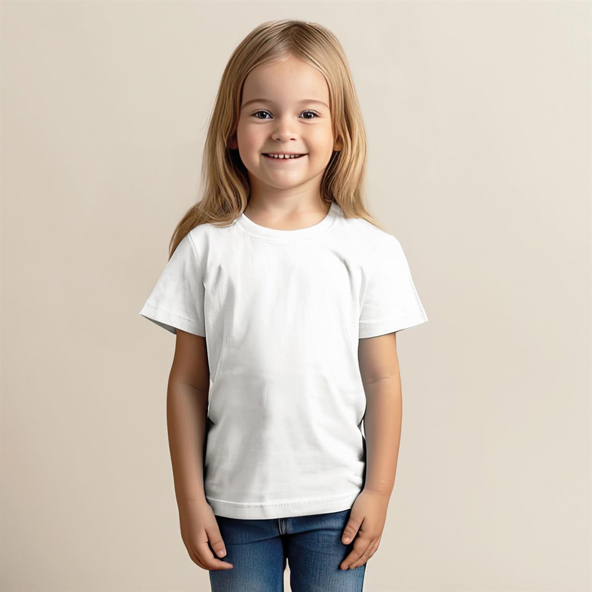 A child in a white T-shirt stands smiling against a neutral background. The shirt has a logo. Junior Classic T - Image 1