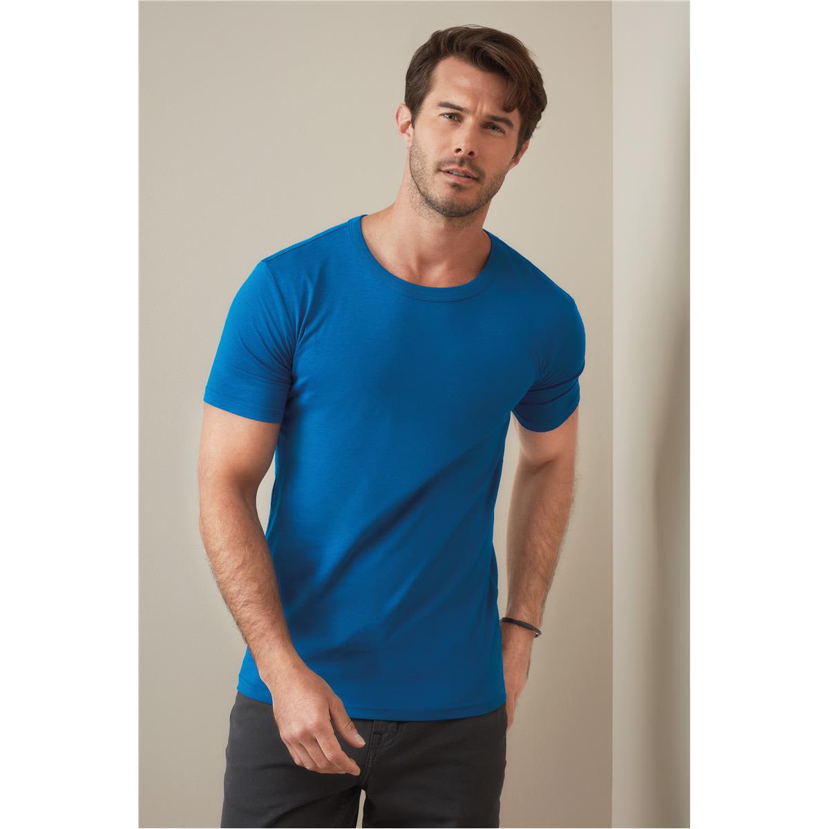 A blue crew neck t-shirt for men, featuring fitted sleeves and a basic design, displayed on a model. Men's Morgan Crew Neck - Image 1