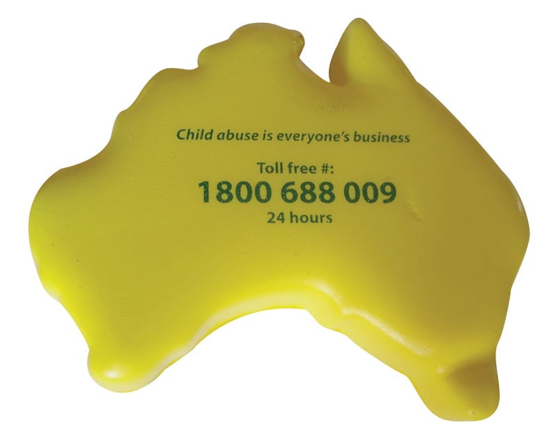 A yellow stress shape in the form of Australia, featuring a logo and text on its surface. Australia Stress Shape - Image 1