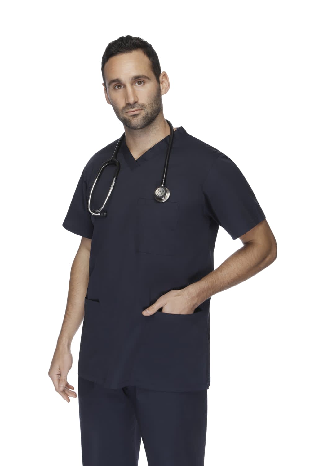 Unisex navy scrub top with a V-neck design, featuring short sleeves and pockets. Includes a stethoscope. Unisex Scrubs Top - Image 1
