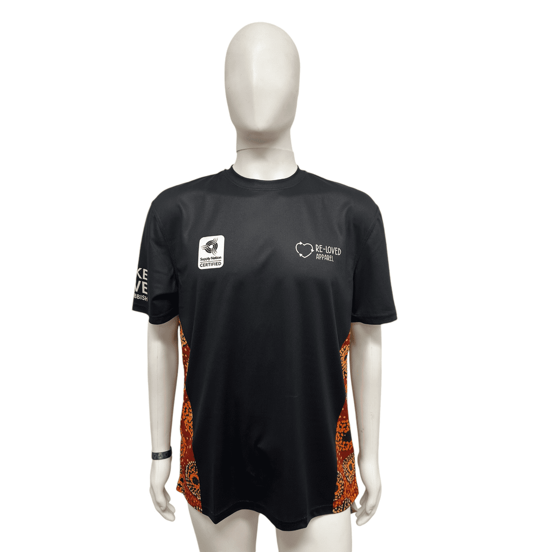 A black sublimated rPET T-shirt with orange patterned detailing and a logo on the front. Sublimated rPET T-Shirt - Image 1