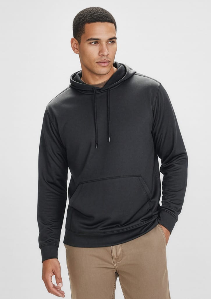 A black hoodie featuring a front pocket and a drawstring hood, displayed on a model. It includes a logo. Mens Hype Hoodie - Image 1