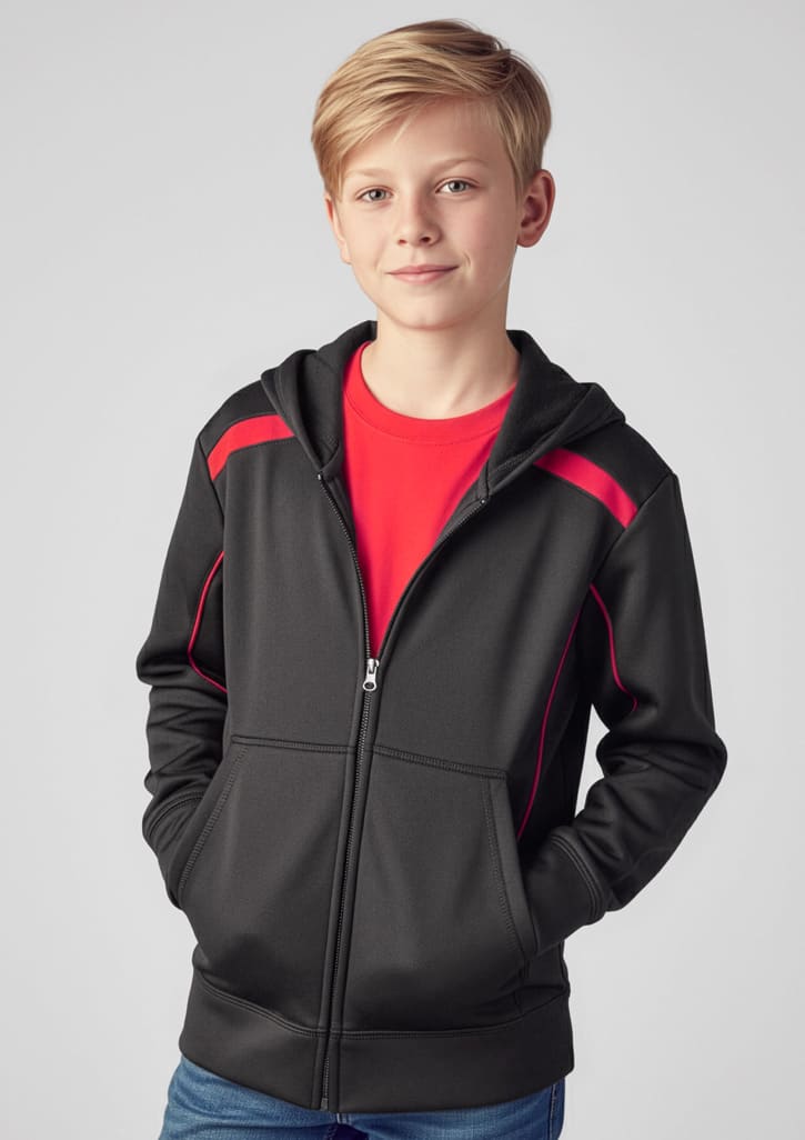 A black and red hoodie featuring a zip front, modelled by a young boy with short blonde hair. Kids United Hoodie - Image 1