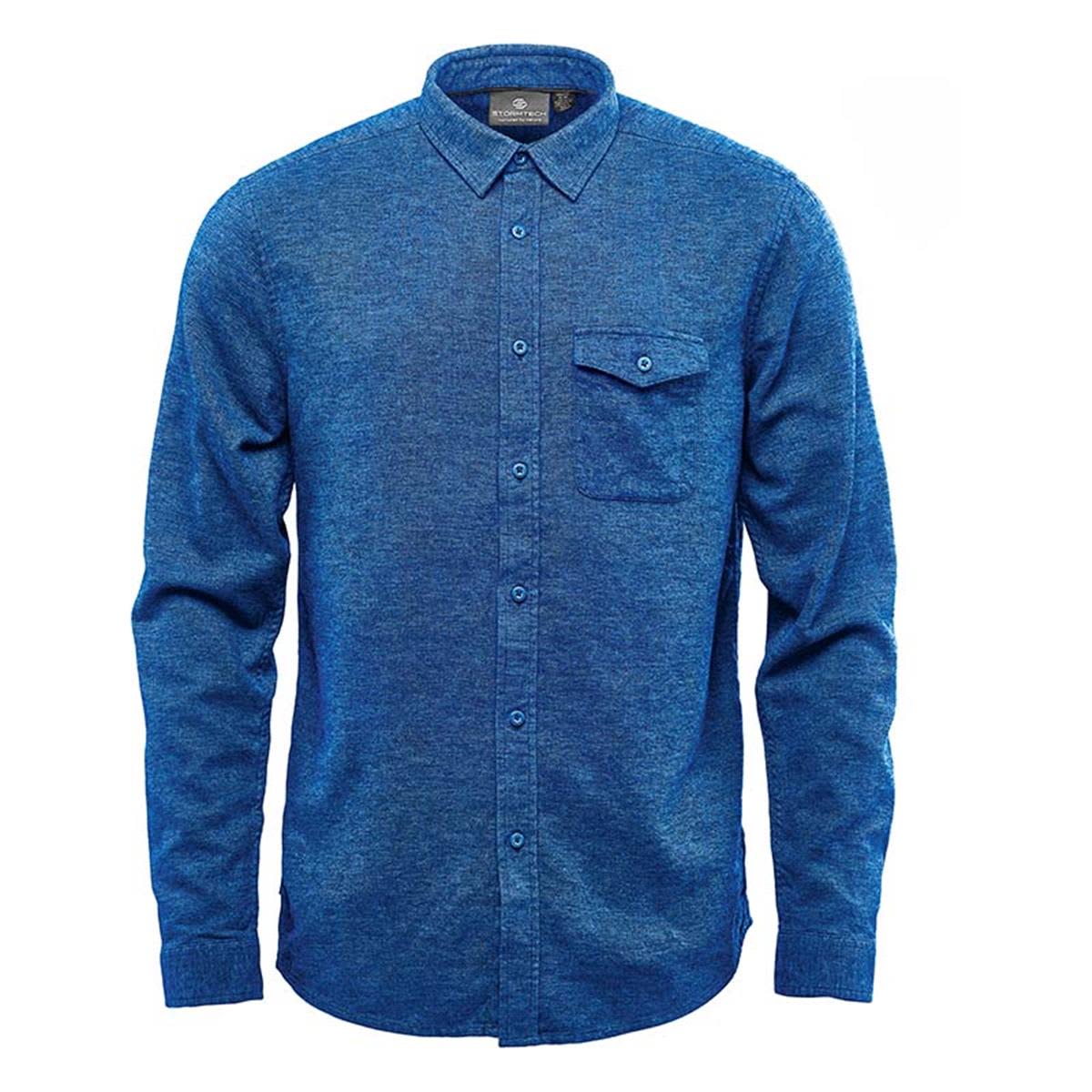 A blue men's long sleeve twill shirt with a button-up front and a single chest pocket. Men's Dockyard Long Sleeve Twill Shirt - Image 1