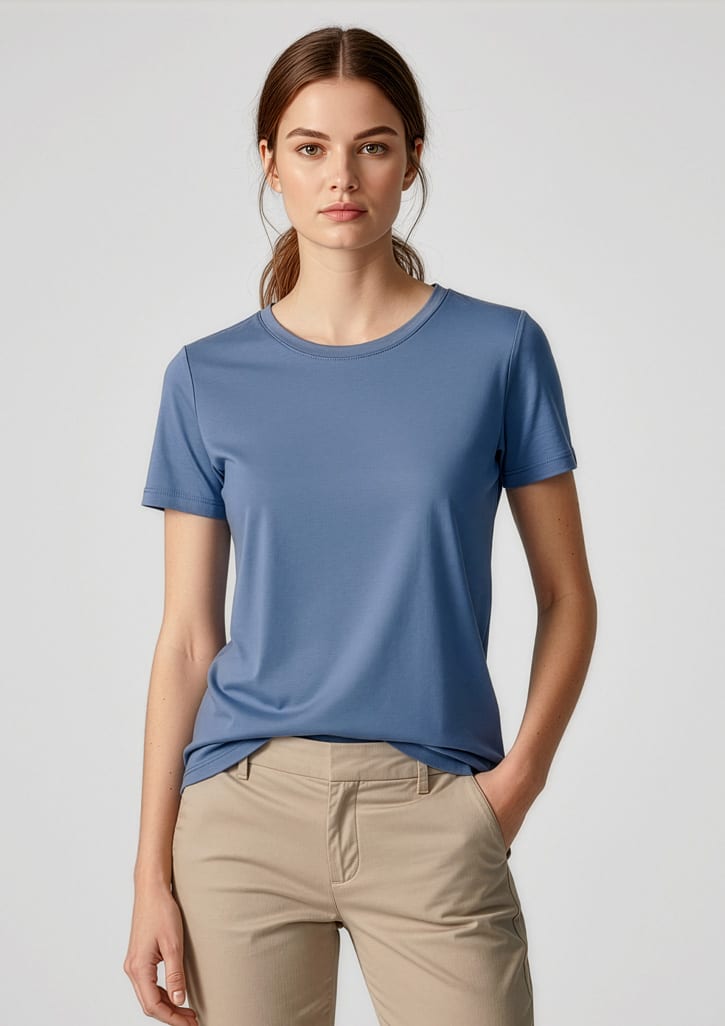A women's short sleeve tee in blue, made from a smooth fabric, paired with light-coloured pants. The shirt features a logo. Womens Ice Short Sleeve Tee - Image 1