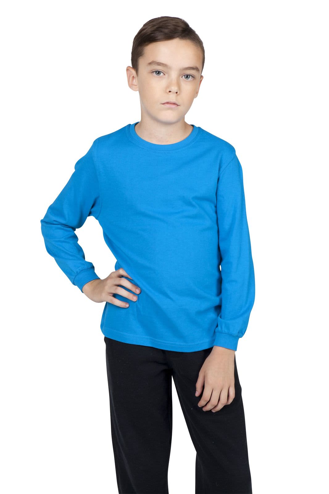 A blue long sleeve T-shirt on a child, paired with black trousers. The shirt features a logo on the front. Kid's Long Sleeve T-shirt - Image 1