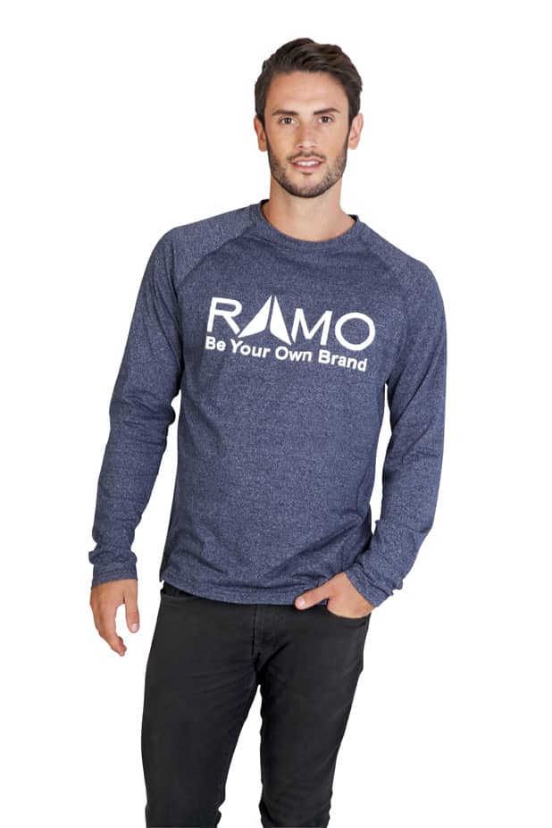 A man wearing a navy long sleeve T-shirt with a logo on the front. The shirt features a heathered design. Men's / Unisex Greatness Heather Long Sleeve T-shirt - Image 1