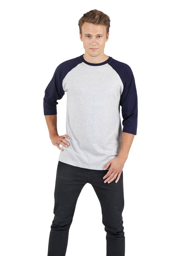 A unisex 3/4 sleeve raglan T-shirt in grey with navy sleeves, featuring a logo on the chest. Men's / Unisex 3/4 Sleeve Raglan T-shirt - Image 1