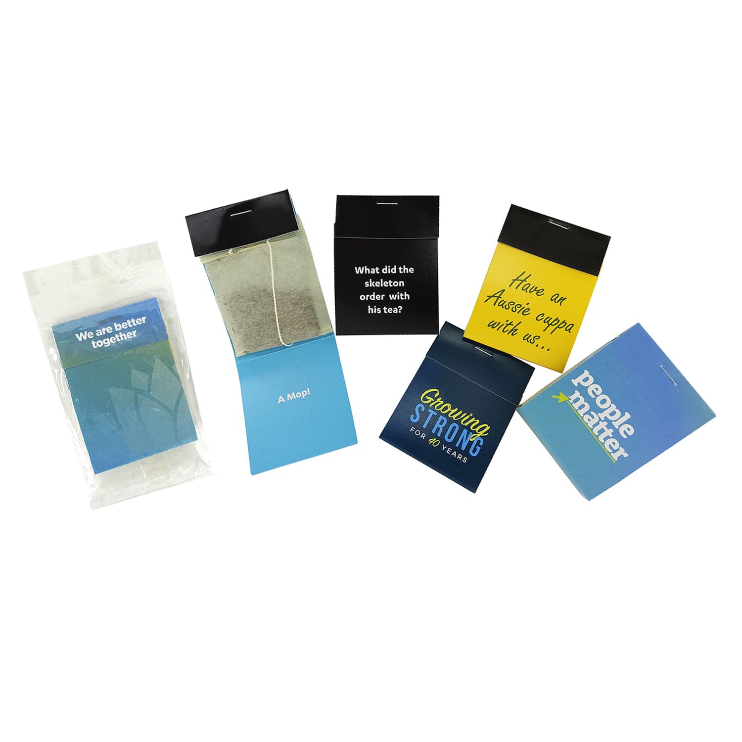 A collection of tea cards in various colours, featuring a tea bag and a packet with branding. Tea Card - Image 1