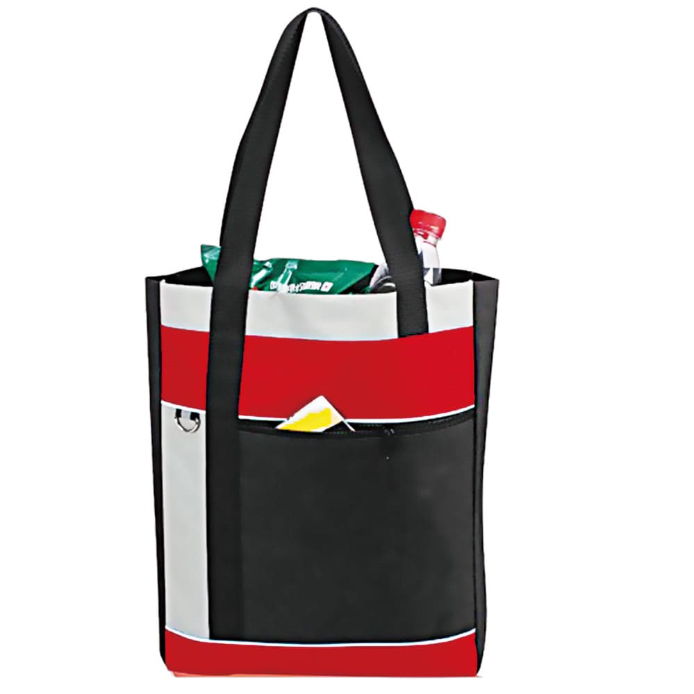 A tote bag in red, black, and grey with a front pocket, featuring a logo, and holding a drink bottle and snacks. Cleveland shopping bag - Image 1