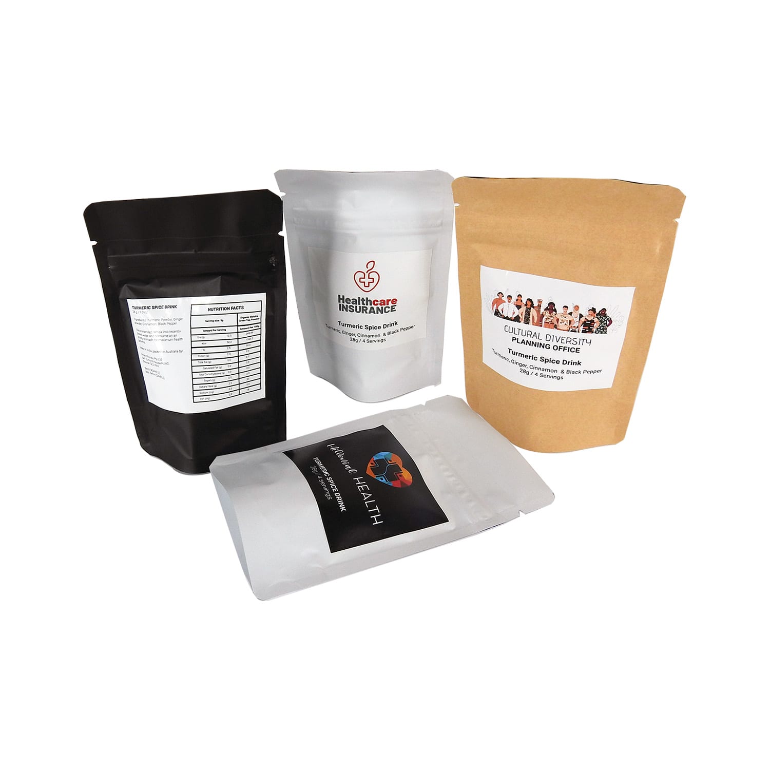 Four stand-up pouches containing various drink mixes, including a turmeric spice drink, in black, white, and brown. Turmeric Spice Drink 28g Stand-Up Pouch - Image 1