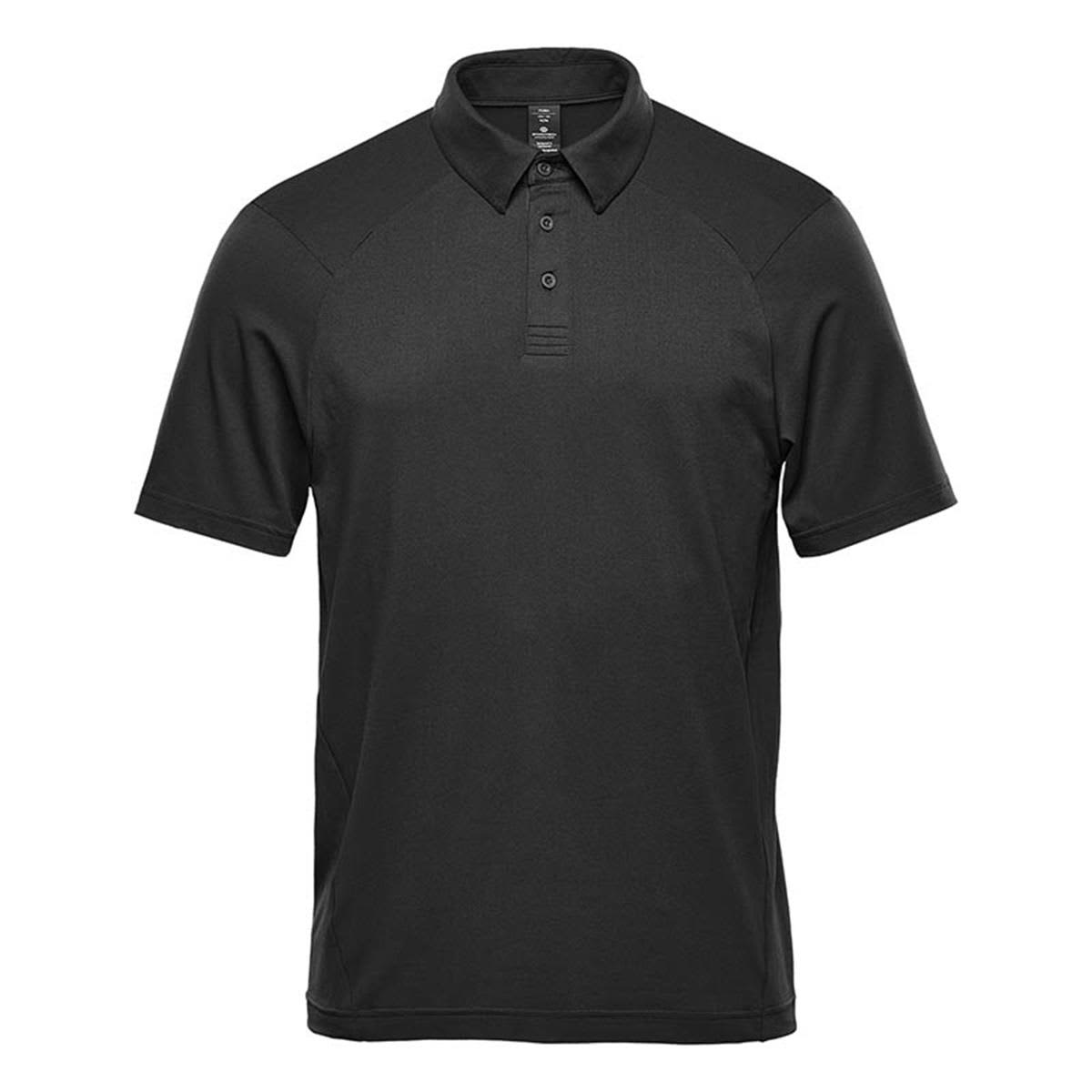 A black short sleeve polo shirt featuring a collar and a logo on the chest. Suitable for casual or athletic wear. Men's Camino Performance Short Sleeve Polo - Image 1