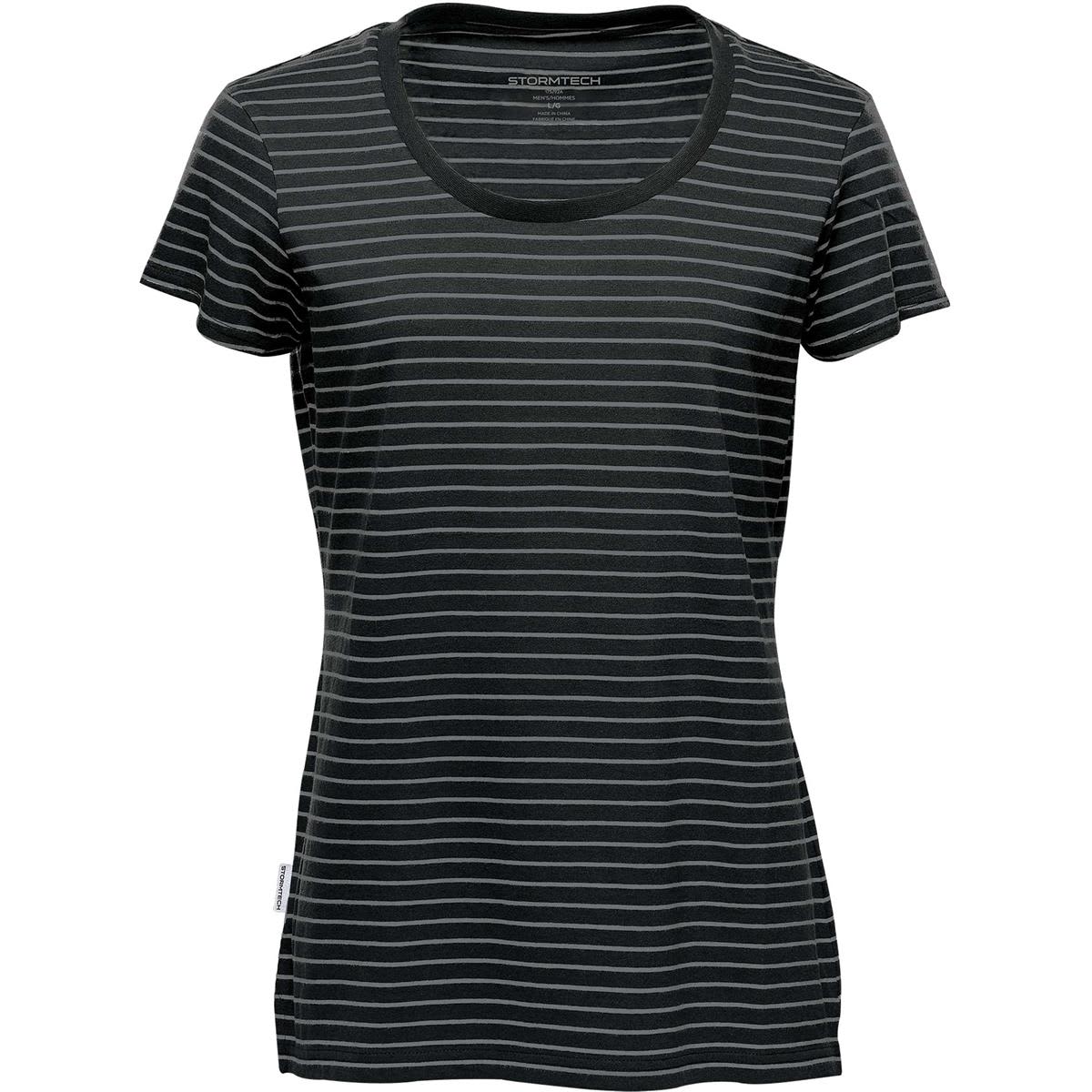 A women's crew neck t-shirt in black with horizontal stripes, featuring a logo. Short sleeves and a relaxed fit. Women's Railtown Crew Neck Tee - Image 1