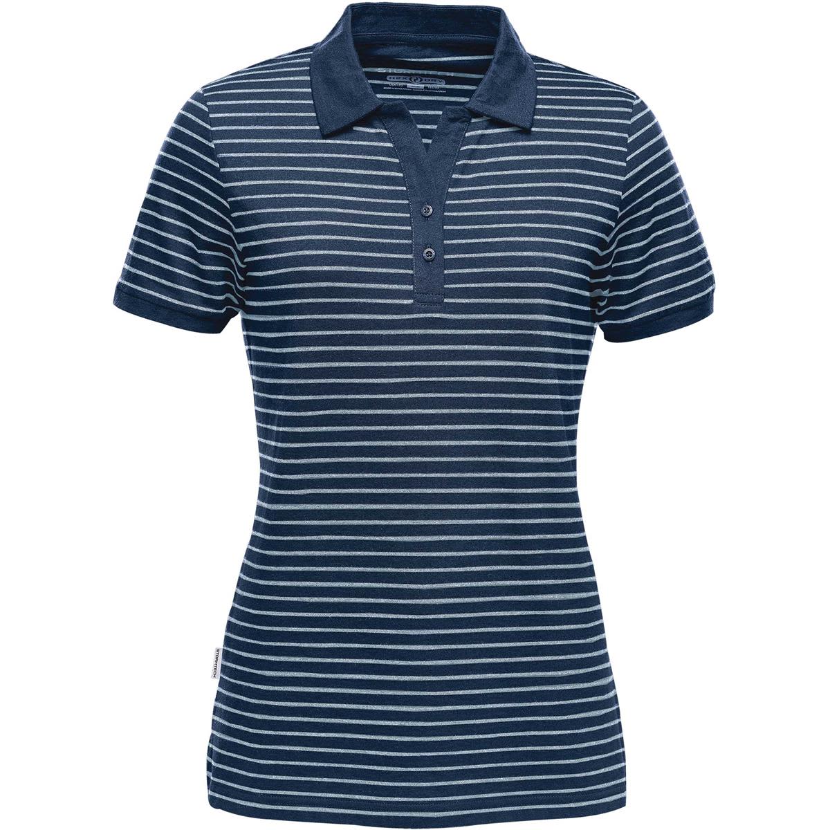 A navy and grey striped women's polo shirt with a collared neckline and branding on the side. Women's Railtown Polo - Image 1