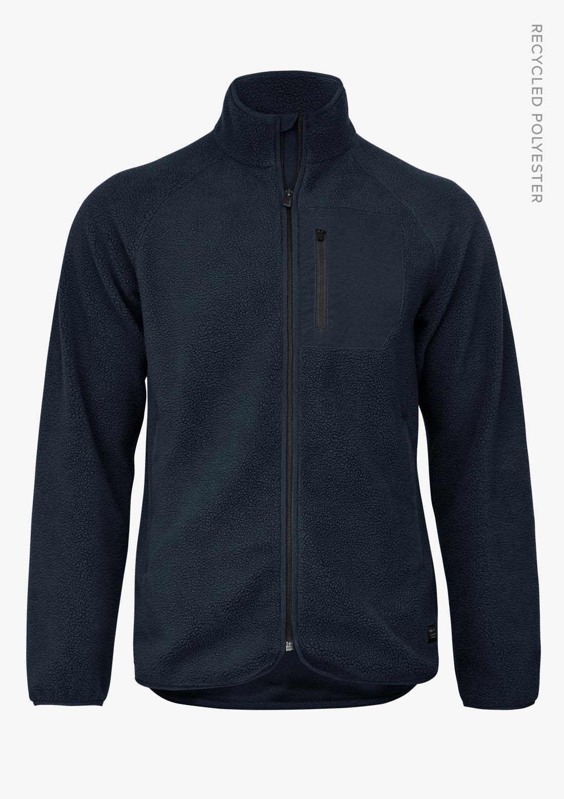 A navy polar fleece jacket with a zip-up front and a chest pocket. Features branding on the side. Timberlake Men Jacket - Image 1