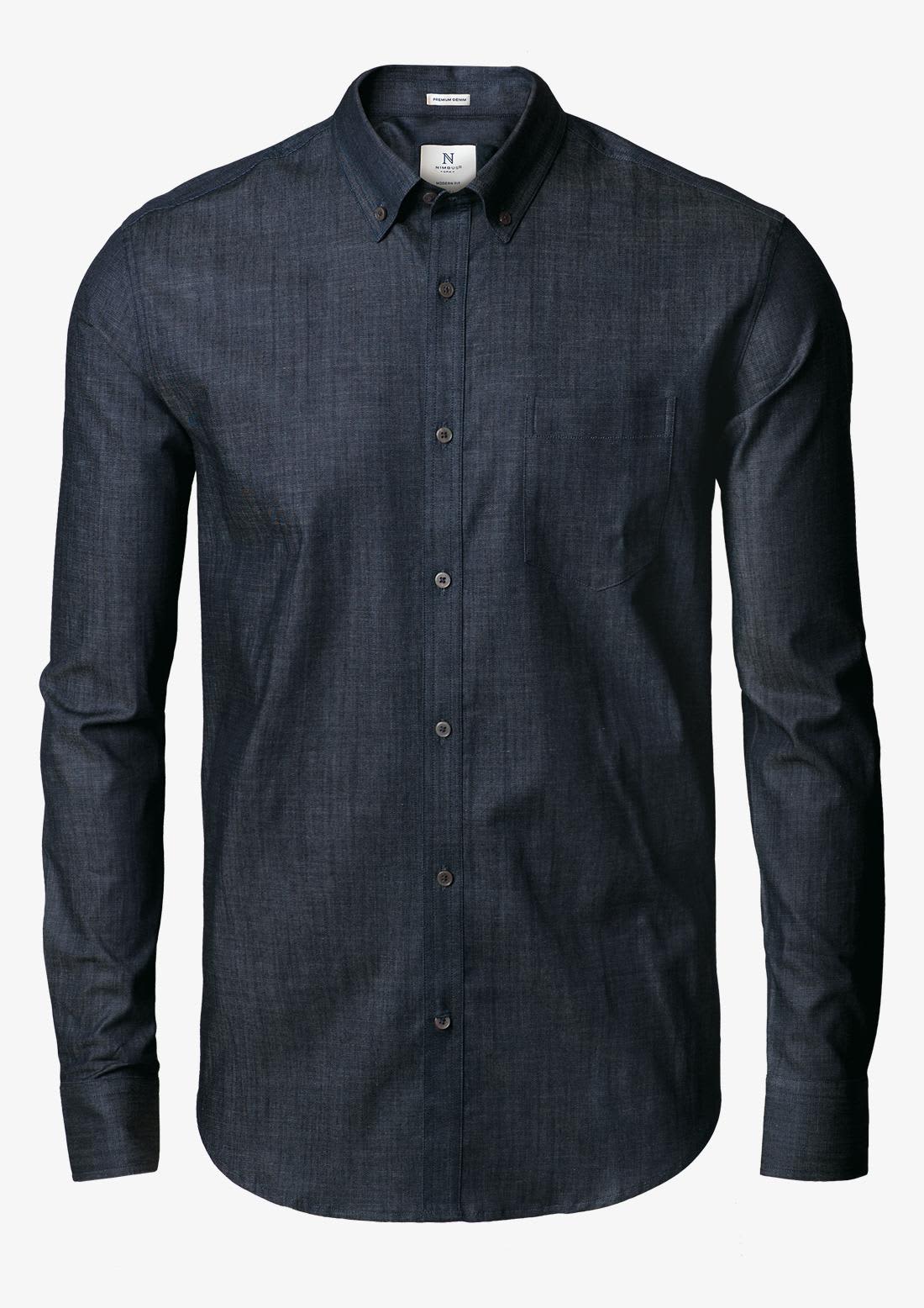 A dark blue slim fit button-up shirt featuring a collar and long sleeves, with a subtle texture. Torrance Slim Fit Men Shirt - Image 1