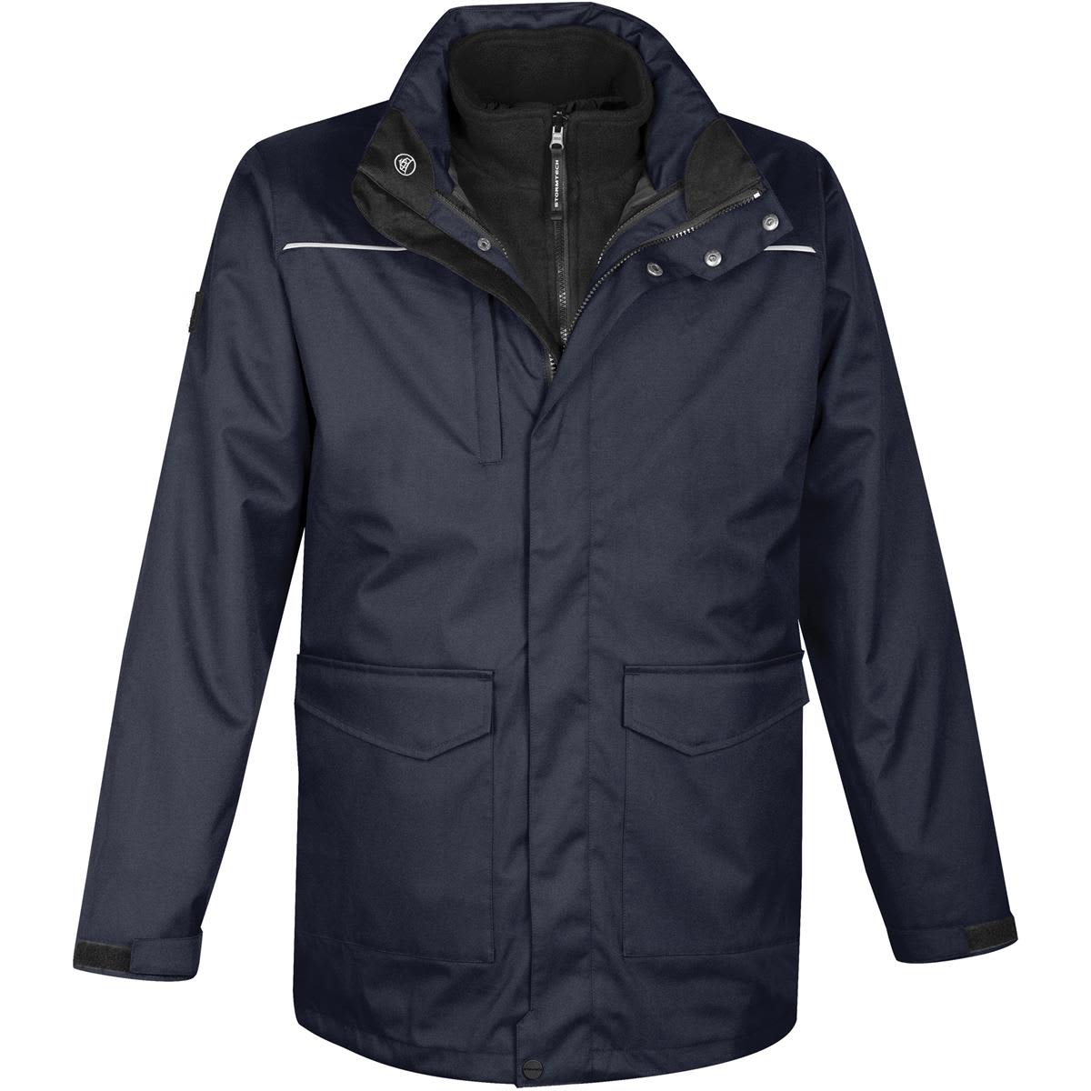 A navy blue men's 3-in-1 parka jacket with multiple pockets and a branded logo. Men's Vortex HD 3-In-1 Parka - Image 1