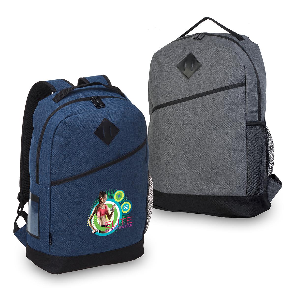 A blue and grey backpack with a logo, featuring mesh side pockets and adjustable straps. Tirano Backpack - Image 1