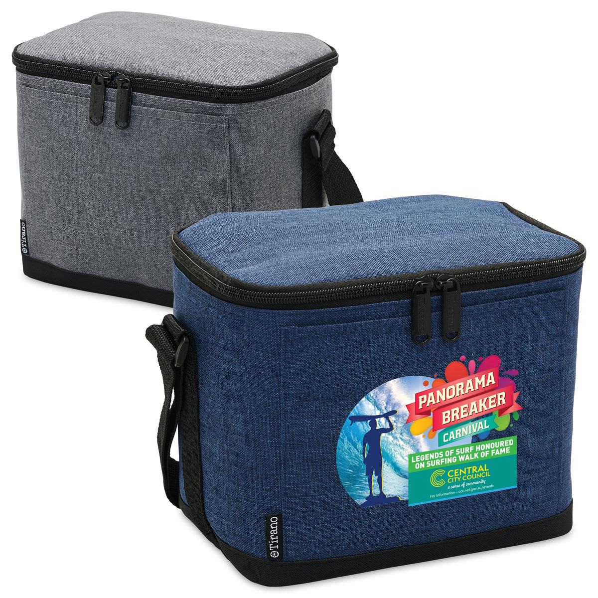A drink cooler bag featuring two colours: grey and navy blue, with a shoulder strap and a logo. Tirano 6 Pack Cooler - Image 1