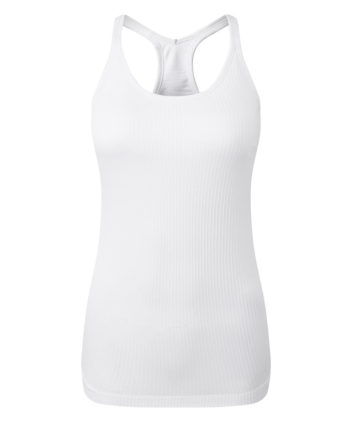A white seamless sports vest featuring a racerback design and a ribbed texture. It has a small logo on it. Seamless 3D Fit Sport Sculpt Vest Secret Support - Image 1