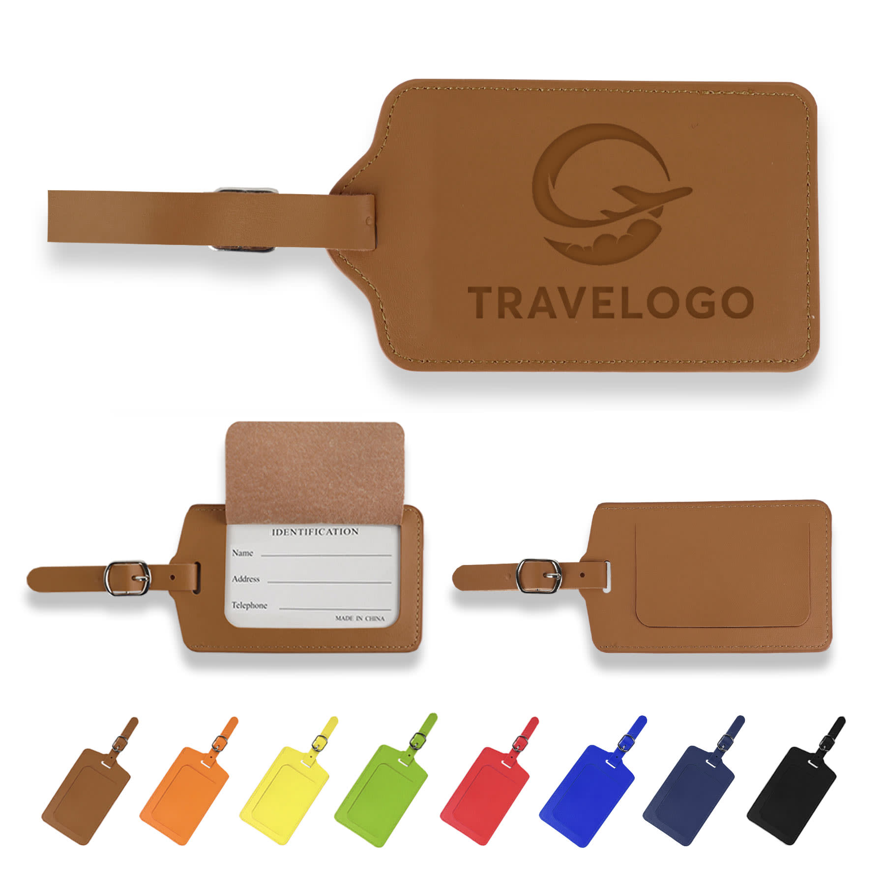 A PU leather luggage tag in brown with a buckle strap, featuring a logo and several colour variations below. PU Leather Luggage Tag - Image 1