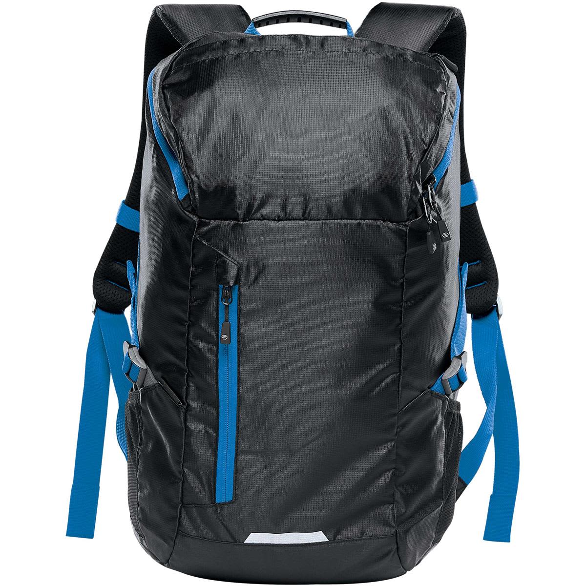 A black backpack with blue accents, featuring multiple compartments and padded shoulder straps. Includes a logo. Whistler Backpack - Image 1