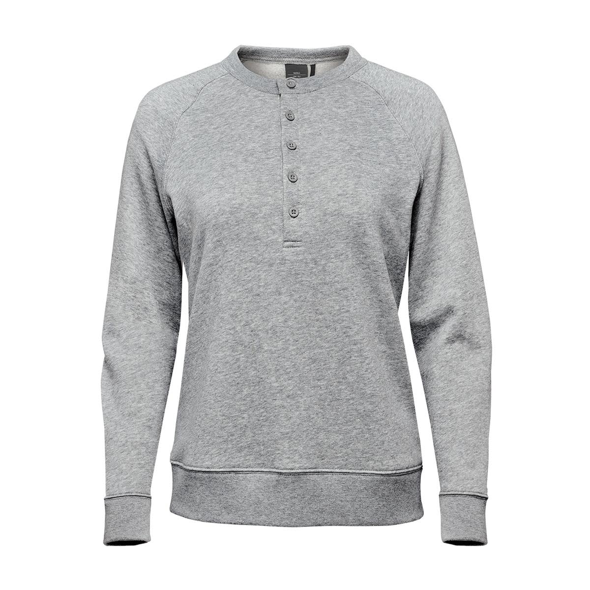 A women's grey Monashee Henley shirt featuring a button-up neck and long sleeves, with a logo on the label. Women's Monashee Henley - Image 1