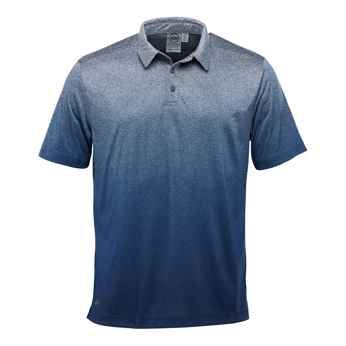 A men's polo shirt in a gradient of dark blue to lighter blue hues, featuring a collar and logo. Men's Mirage Polo - Image 1